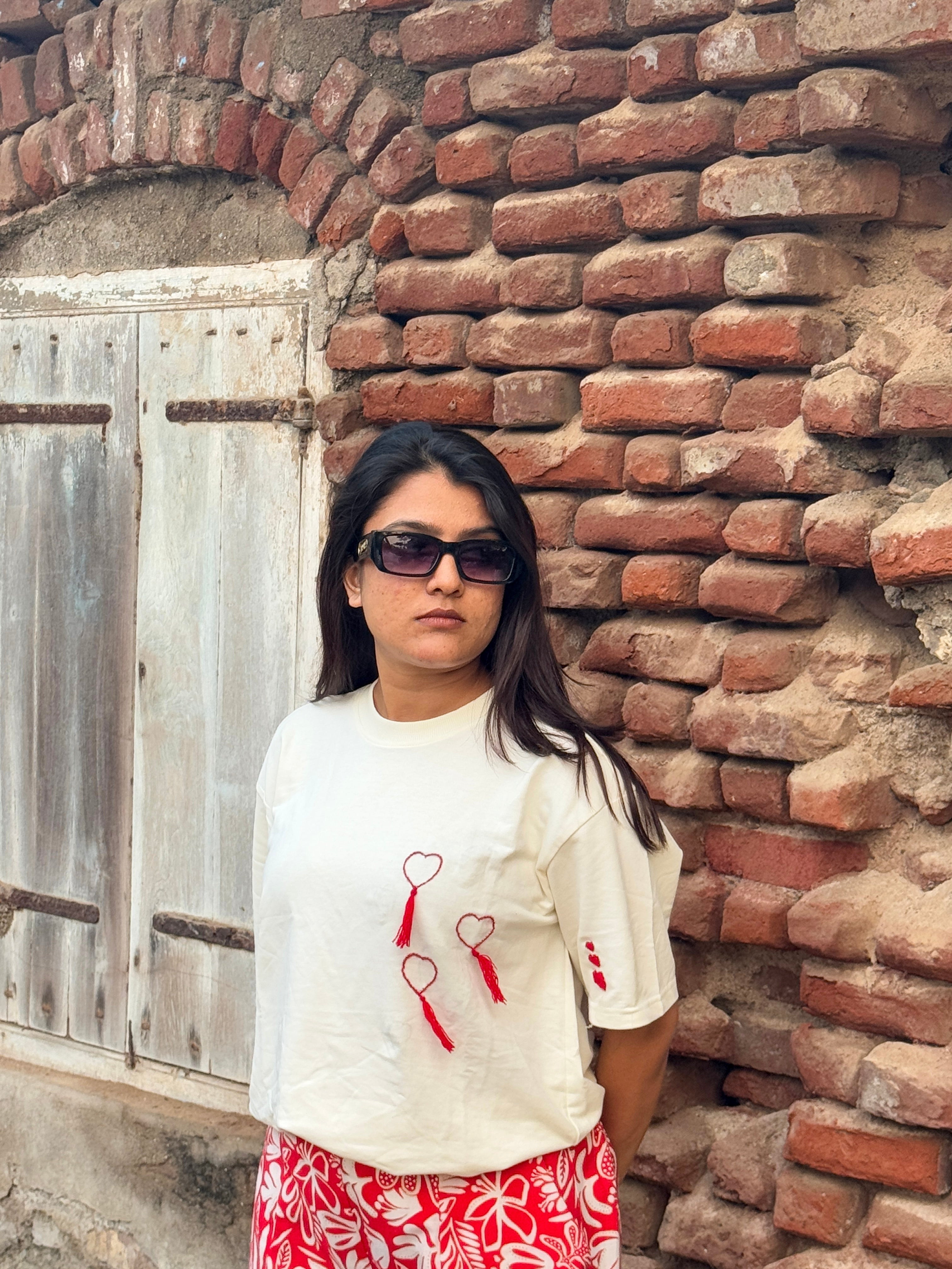 White Graphic Handwork Oversized T-Shirt