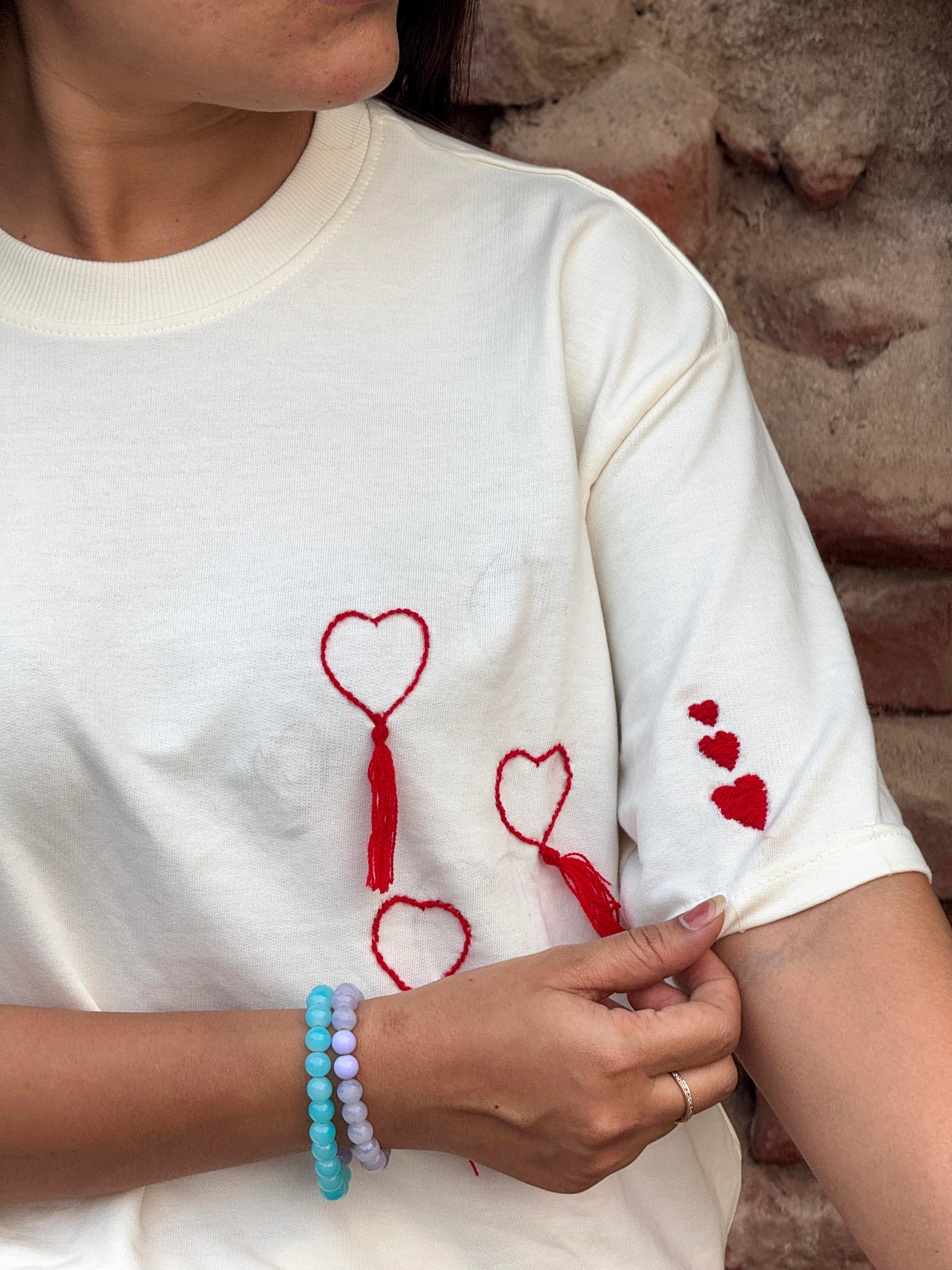 White Graphic Handwork Oversized T-Shirt