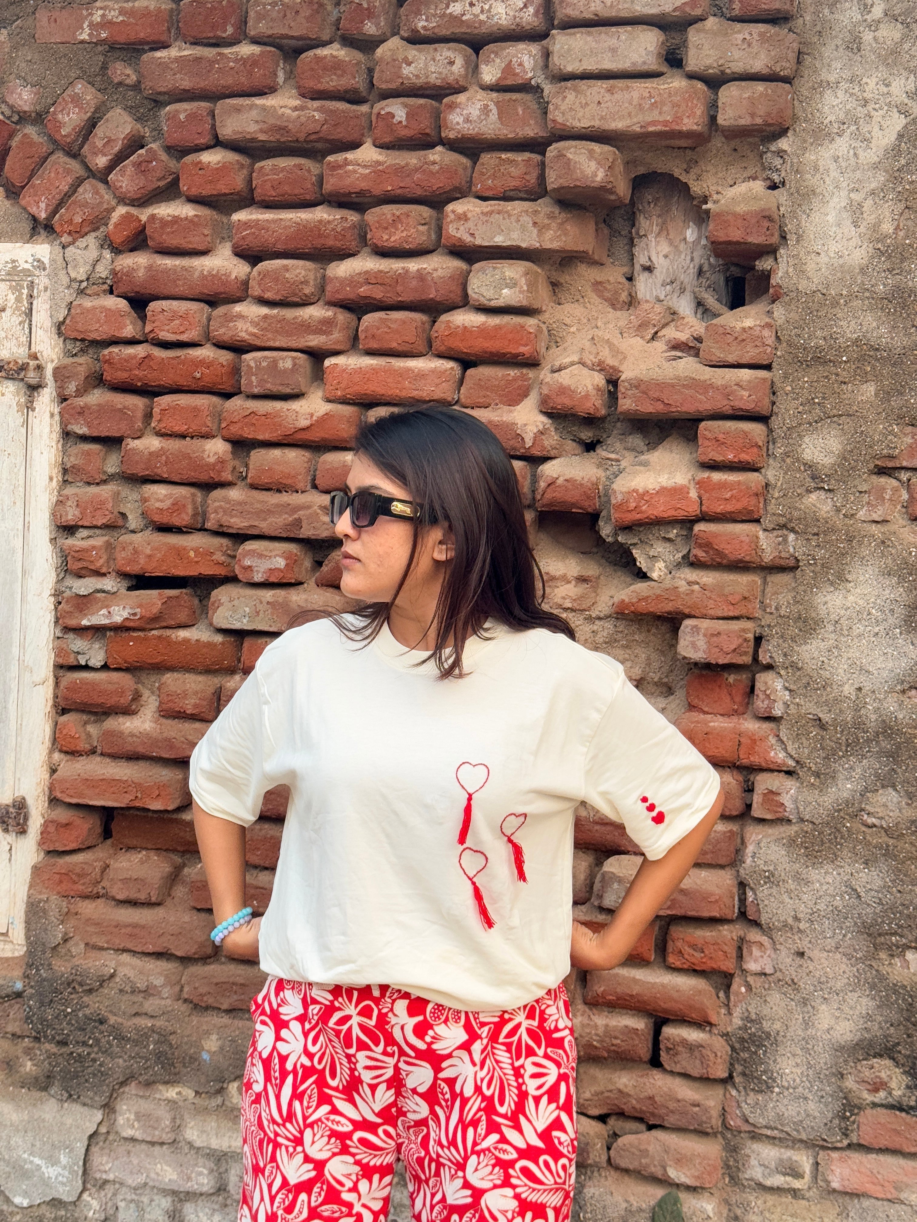 White Graphic Handwork Oversized T-Shirt