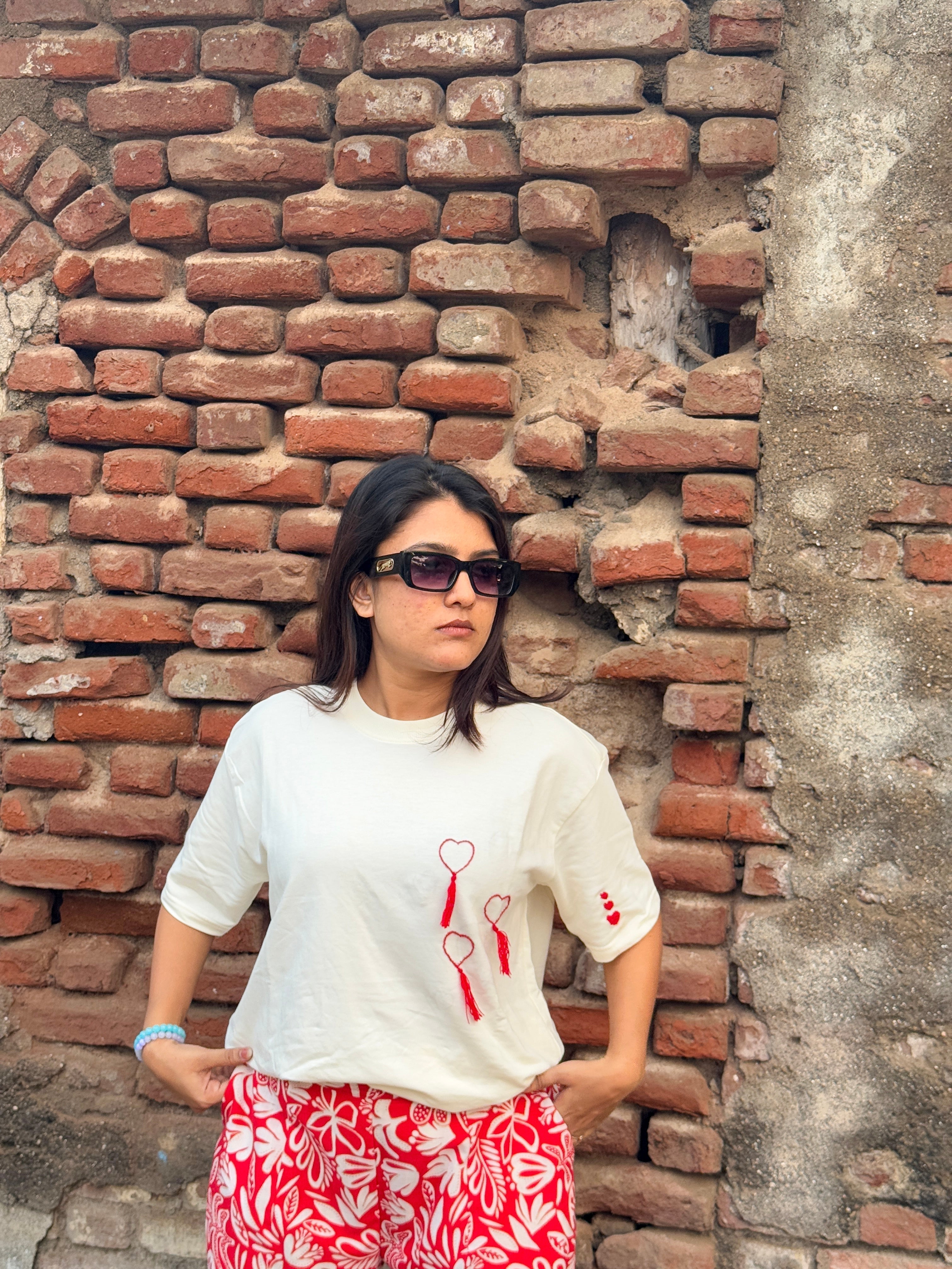 White Graphic Handwork Oversized T-Shirt