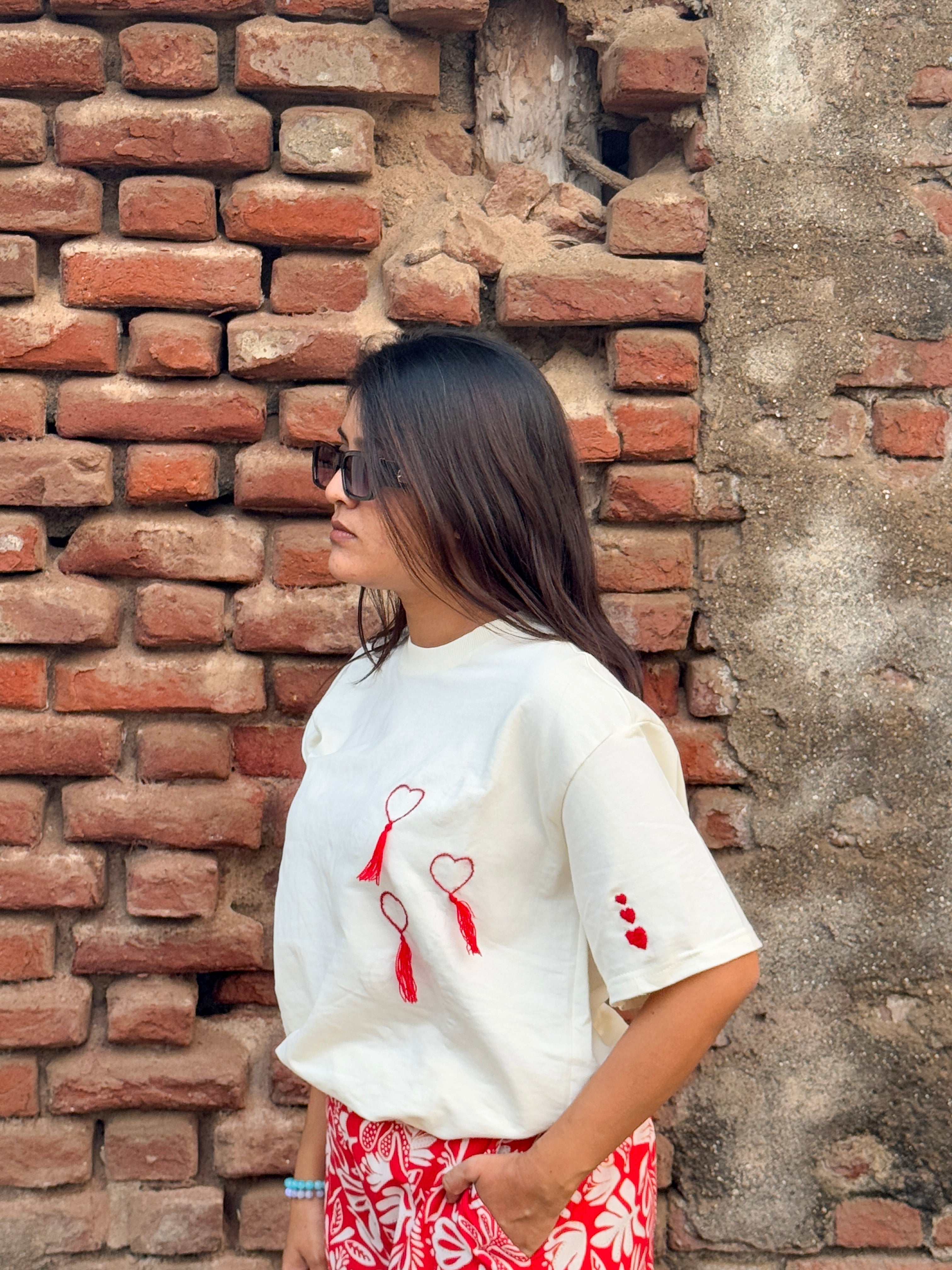 White Graphic Handwork Oversized T-Shirt